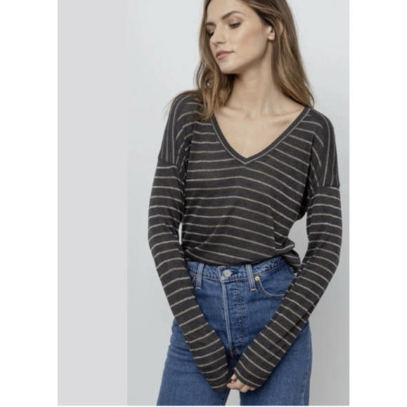 Rails Sami Knit Top Shirt Women XS Charcoal Bronze Stripe Gray Drop Shoulder A48 - Picture 1 of 8